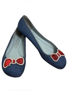 Marc Jacobs Denim Ballet Flats Red Sequin Bow Pearl Y2K Coquette Size 37.5